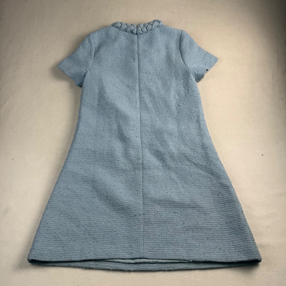 Tuckernuck Light Blue Tweed Braided Neckline Shift Dress Gold Buttons XS - Picture 2 of 6